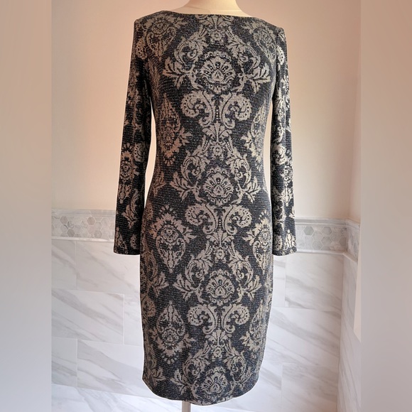 Jessica Howard Stretch Knit Silver Lurex Damask Design dress S/M - Picture 1 of 8